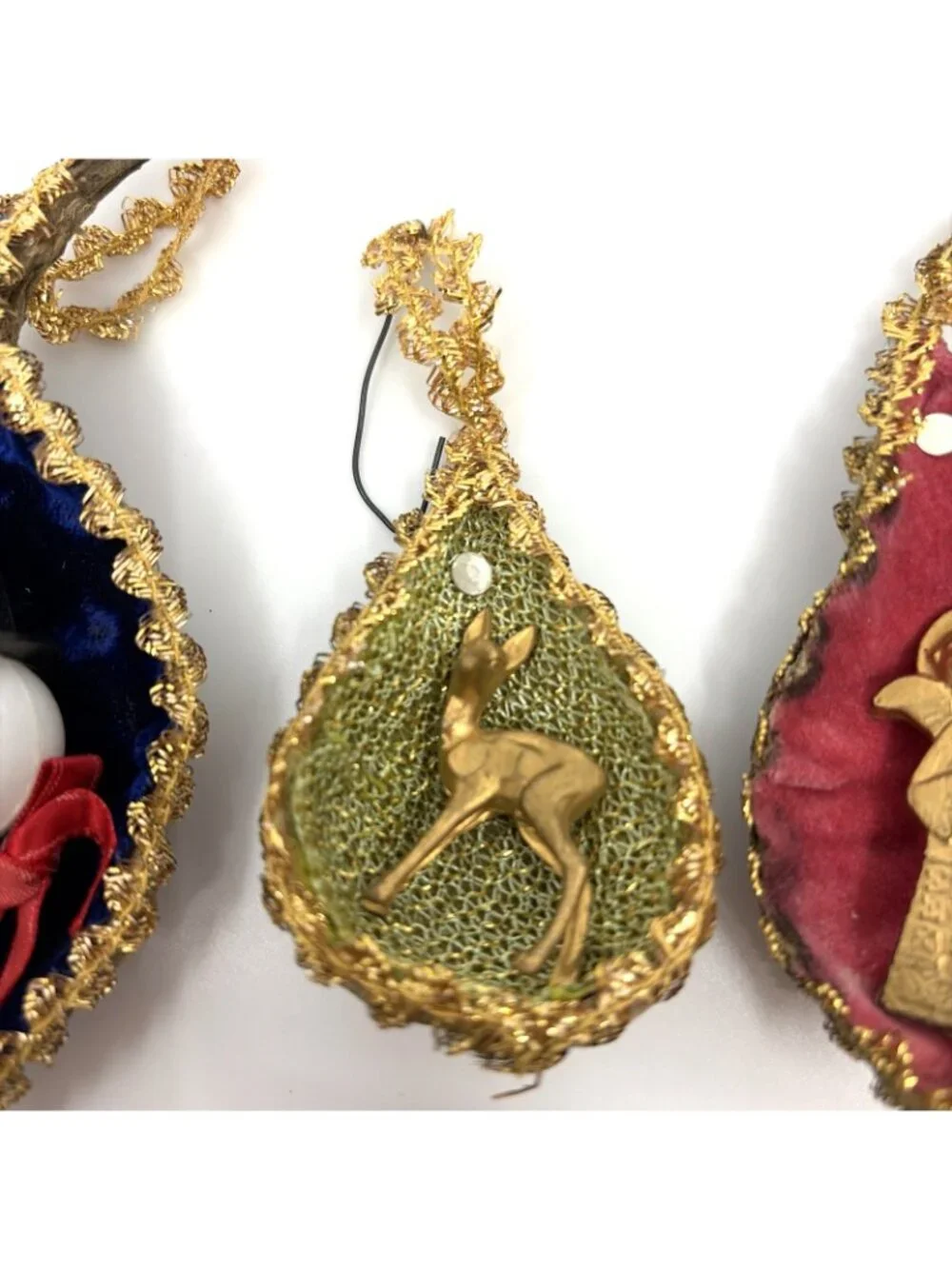 Lot 4 Vintage Milkweed Pod Diorama Christmas Ornaments Santa Angel Snowman Deer